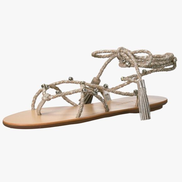 LOEFFLER RANDALL Bo Crystal Embellished Braided Ankle Tie Sandals Metallic Sz 8 - Picture 3 of 14